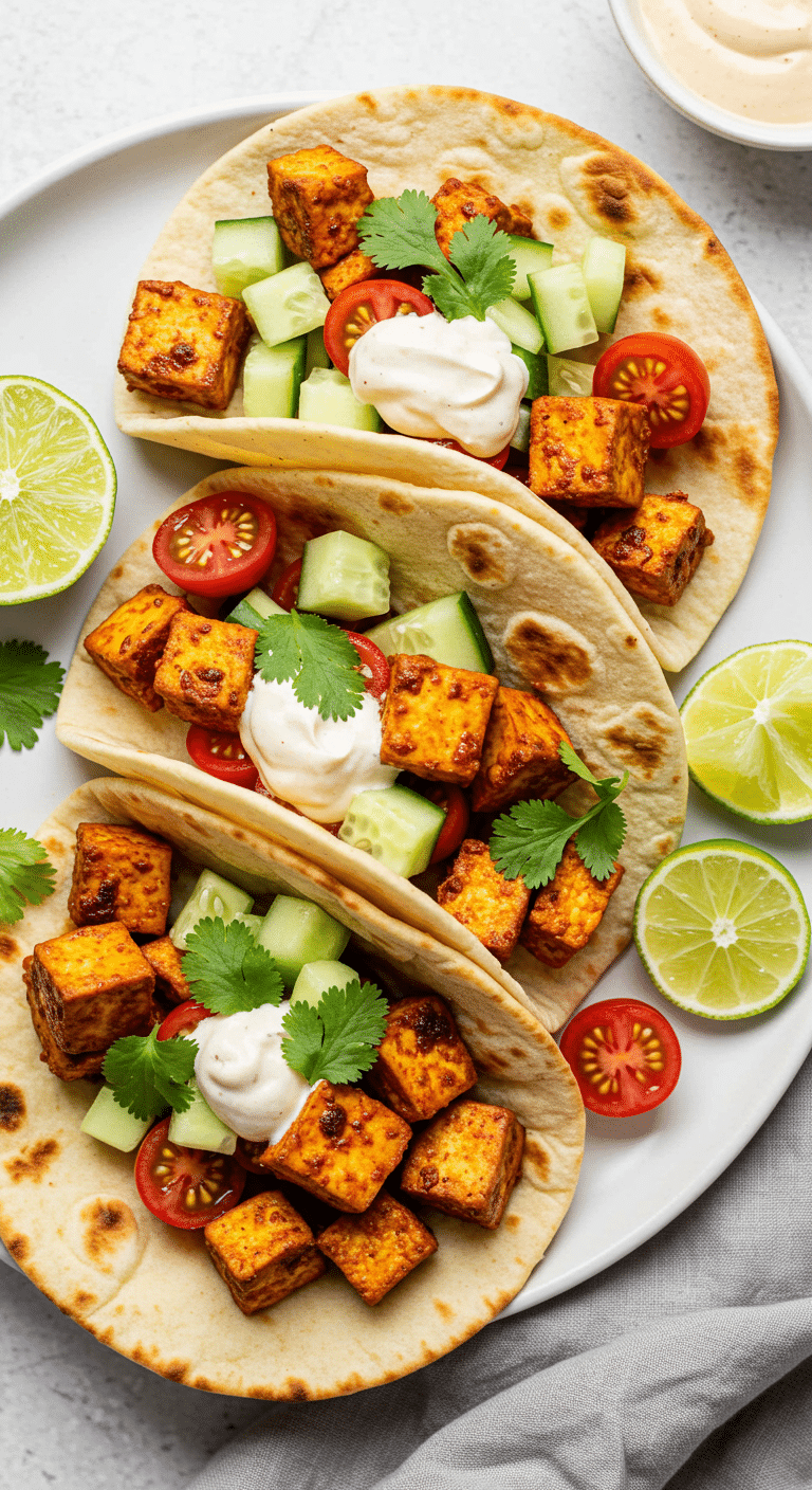 Tacos de tofu Tandoori à l'érable sur pain naan à la friteuse à air colorés