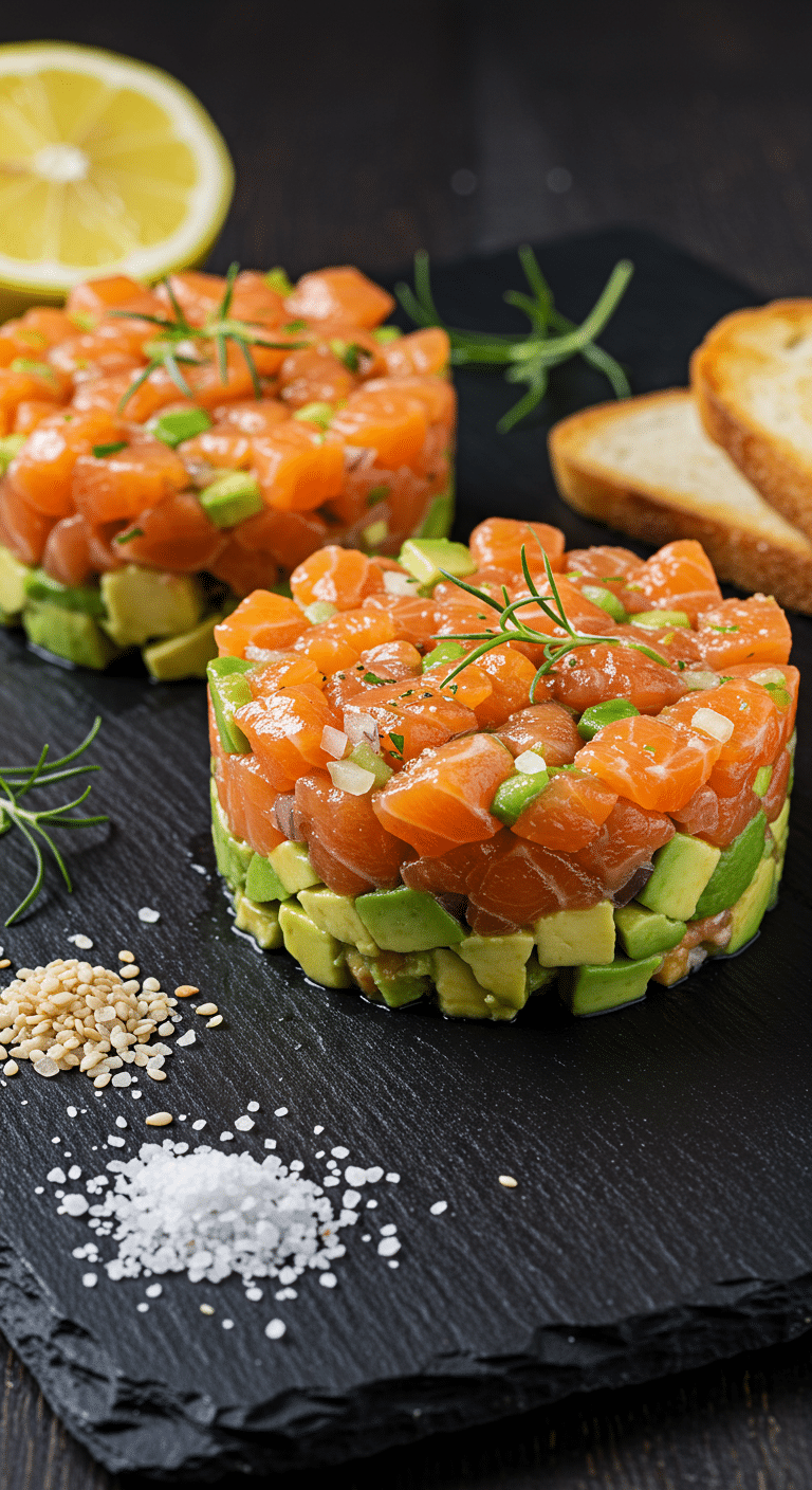 Tartare de saumon à l'avocat élégamment dressé restaurant