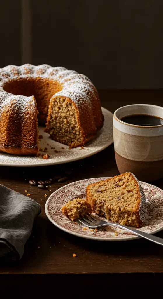 Tranche gâteau café sucre roux miel noix pécan sur assiette porcelaine