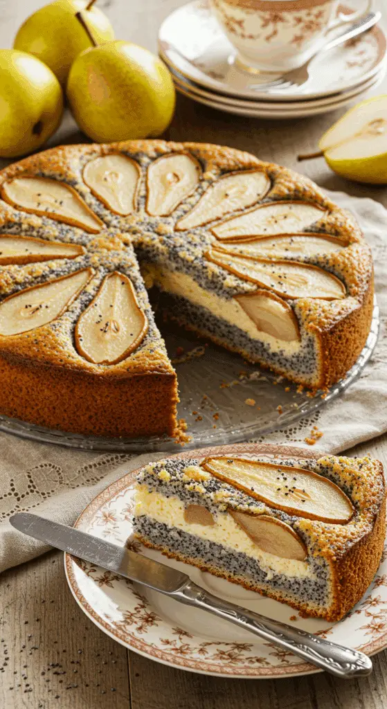 Tranche gâteau moelleux poires pavot sur assiette porcelaine fine