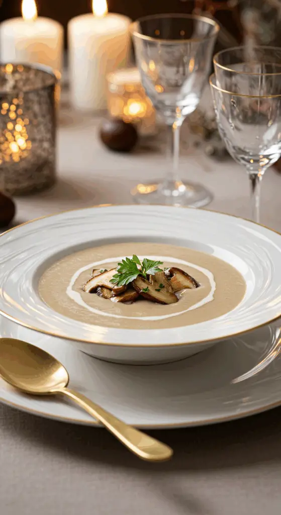 Service velouté châtaignes champignons bois assiette élégante