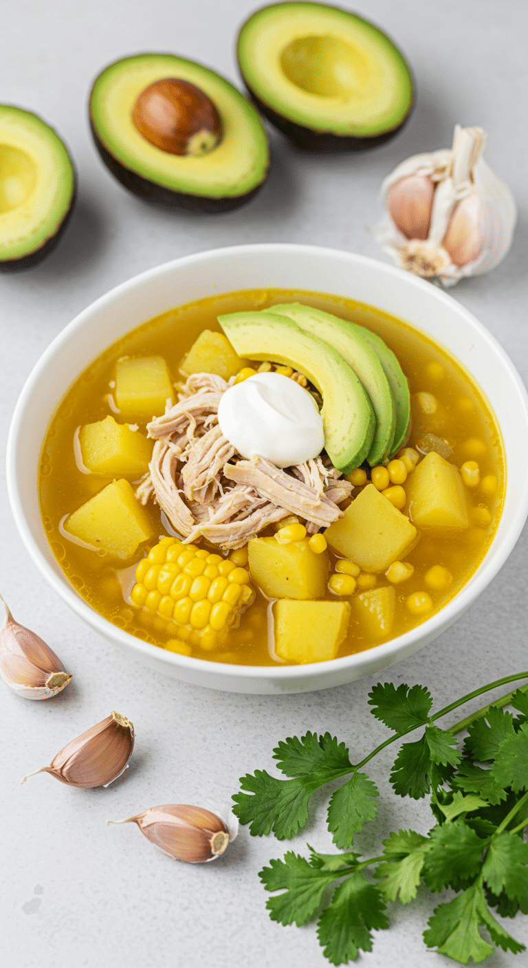 Ajiaco soupe colombienne authentique avec poulet effiloché maïs avocat et crème épaisse