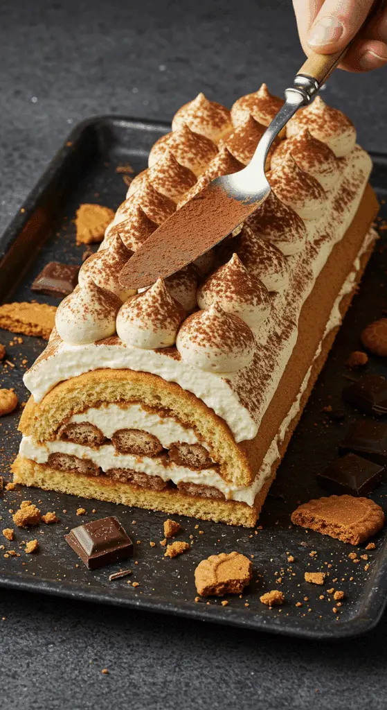 Assemblage bûche Tiramisu avec crème mascarpone et spéculoos émiettés
