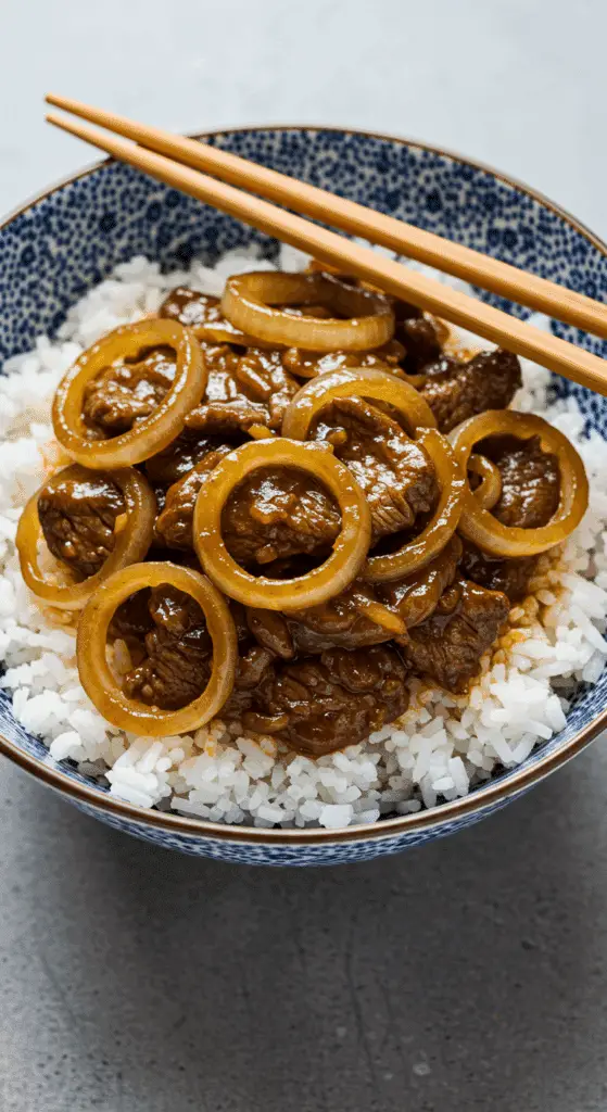 Boeuf oignons Ronde Interbloc wok sauté sauce soja riz jasmin asiatique