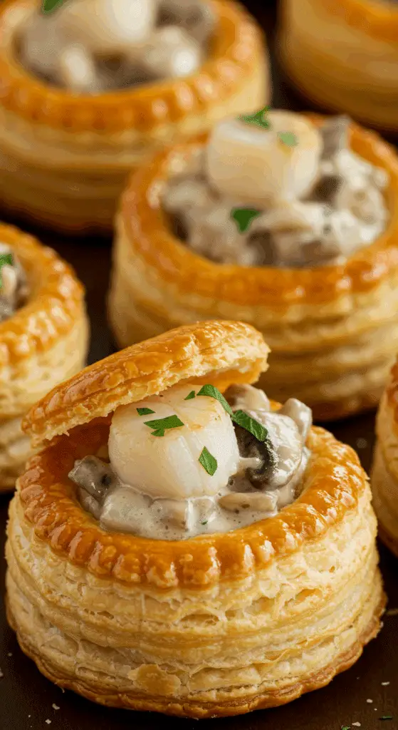 Bouchées Reine Saint-Jacques champignons feuilletage doré sauce crémeuse élégante