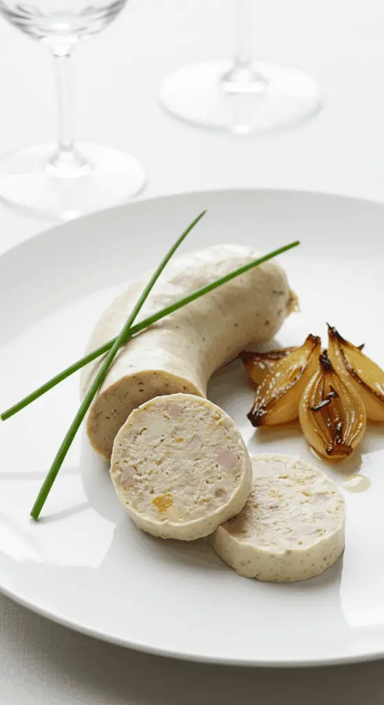 Boudin blanc échalotes sauce crémeuse tranché élégant festif