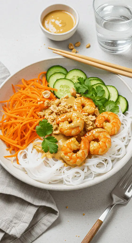 Bowl froid crevettes satay nouilles servi assiette légumes frais herbes cacahuètes