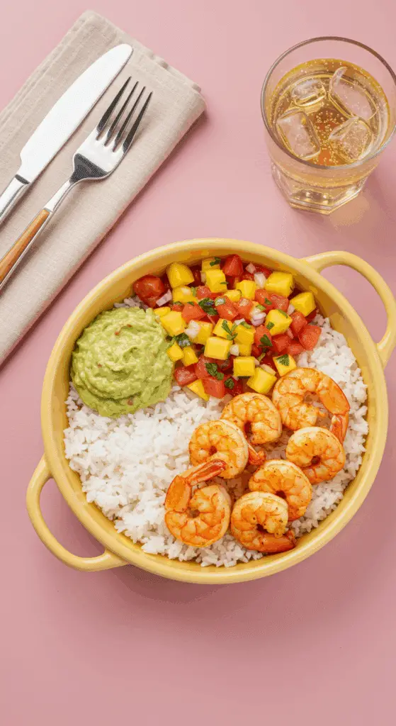 Bowl énergie crevettes mangue pico gallo coloré avocat riz sain tropical