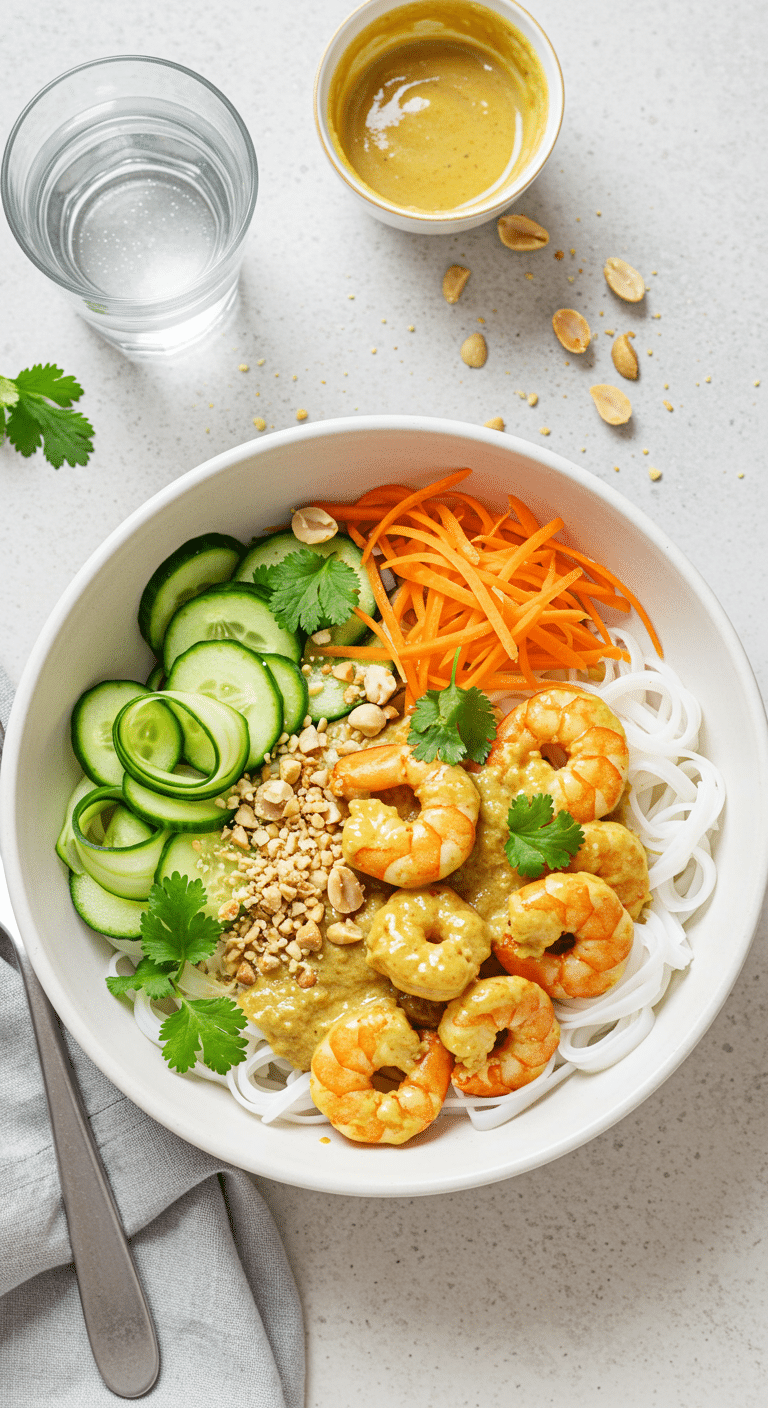 Bowl froid crevettes sauce satay nouilles riz légumes frais croquants coloré