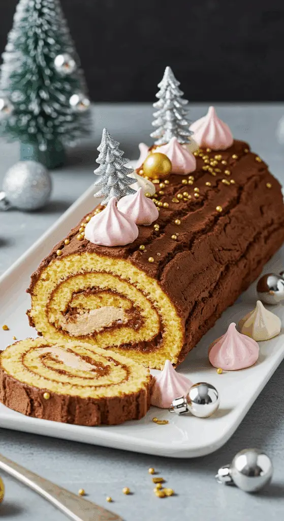 Bûche Noël légère chocolat mousseuse décorée festive élégante