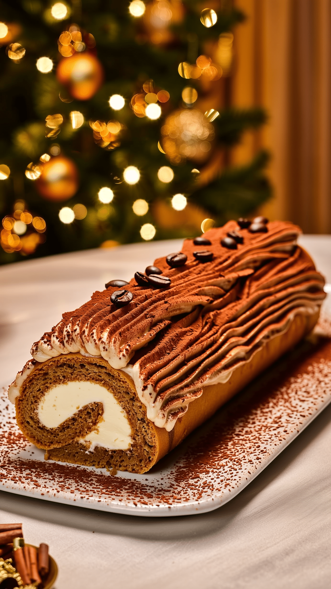 Bûche Tiramisu Noël crémeuse café mascarpone décorée cacao grains café chocolat