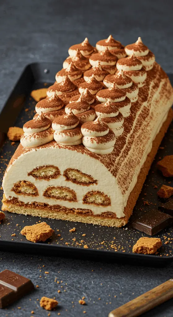 Bûche Tiramisu aux Spéculoos élégante avec crème mascarpone et décoration festive