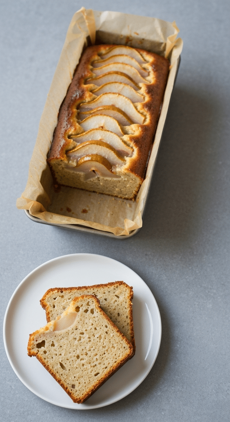 Cake aux poires et polenta moelleux avec fines lamelles de poires caramélisées sur le dessus