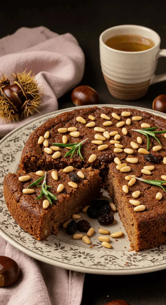 Castagnaccio aux pignons grillés traditionnel toscan avec craquelures caractéristiques