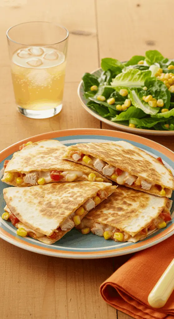 Cheesy quesadillas dinde maïs fromage gouda fondu coulant filaments généreux salade