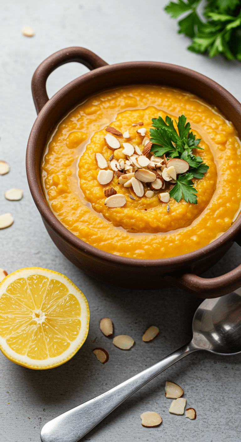 Chorba aadess soupe lentilles égyptienne dorée traditionnelle bol amandes