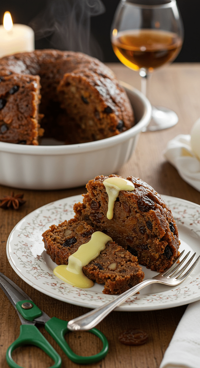 Christmas pudding traditionnel flambé au cognac sur assiette blanche avec sucre glace