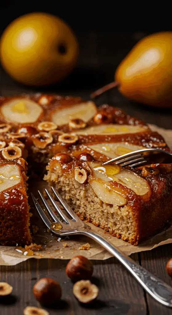 Gâteau renversé poires miel noisettes tout juste sorti du four avant démoulage spectaculaire