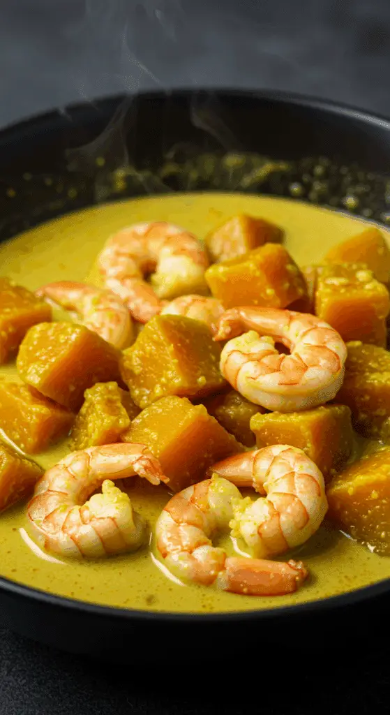 Cubes de potiron mijotant dans sauce curry lait de coco crémeuse