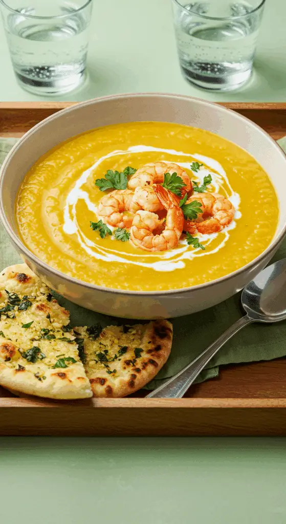 Soupe lentilles corail mijotant avec lait de coco et épices curry aromatiques