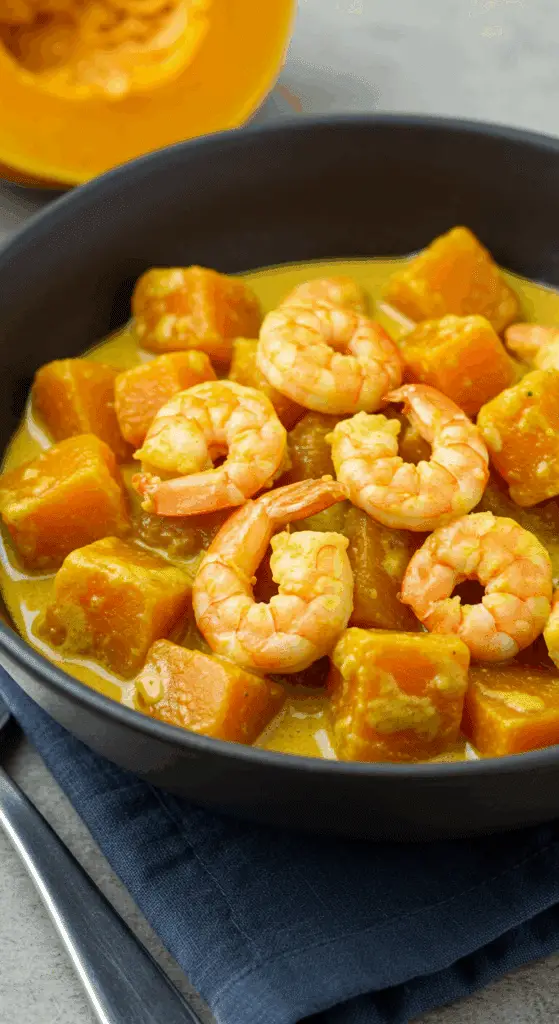 Curry de potiron aux crevettes crémeux sauce coco appétissant