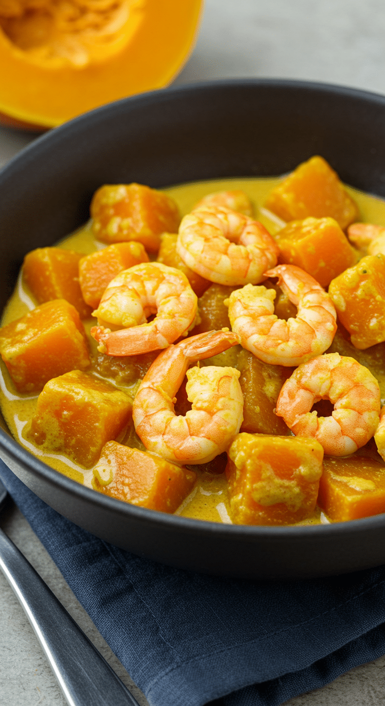 Curry de potiron aux crevettes crémeux sauce coco appétissant