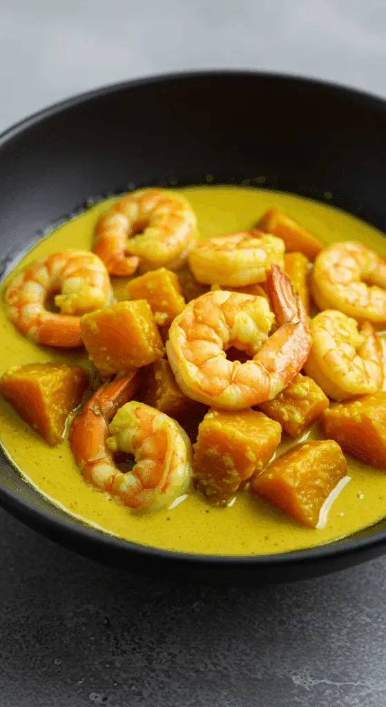 Curry de potiron aux crevettes thaïlandais avec lait de coco crémeux et coriandre