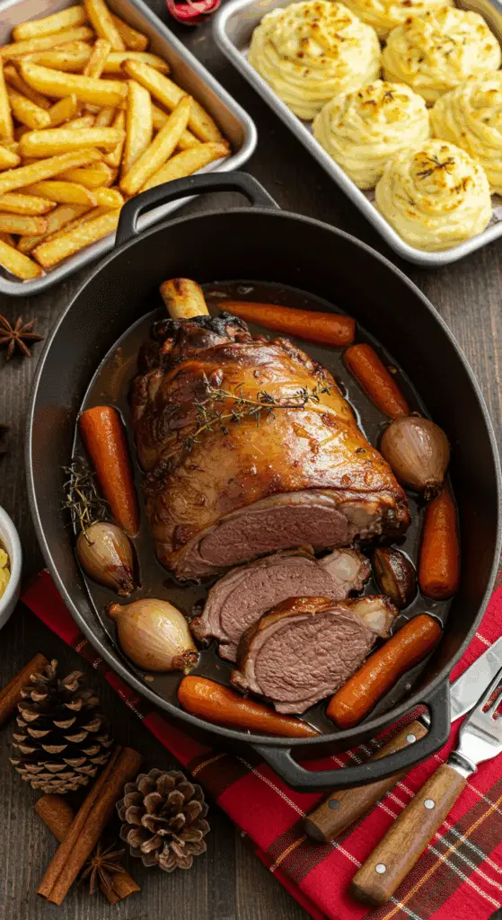 Épaule d'agneau confite aux épices de Noël dorée appétissante