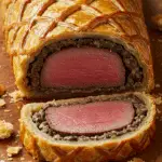 Filet boeuf croûte Madère feuilletage doré viande rosée farce crémeuse sauce