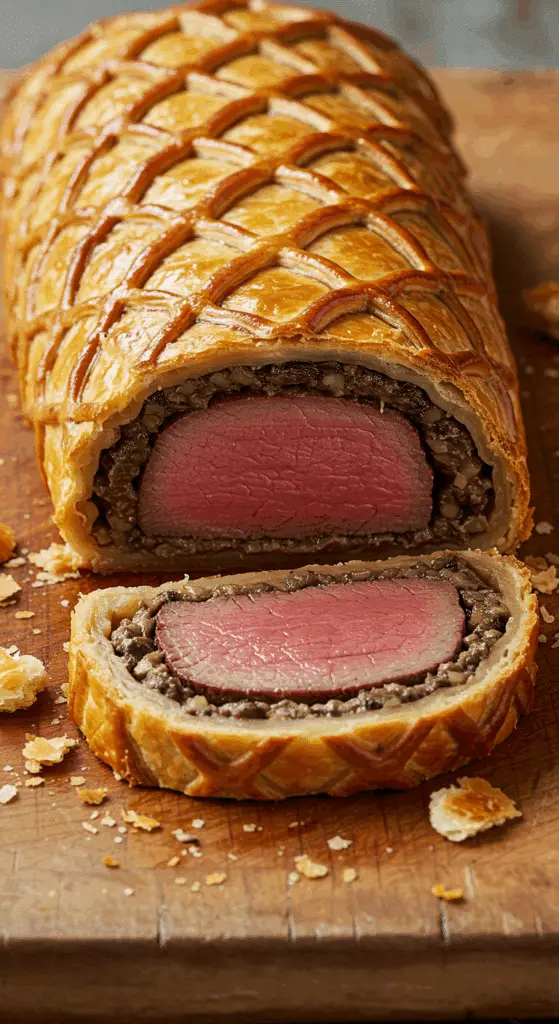 Filet boeuf croûte Madère feuilletage doré viande rosée farce crémeuse sauce