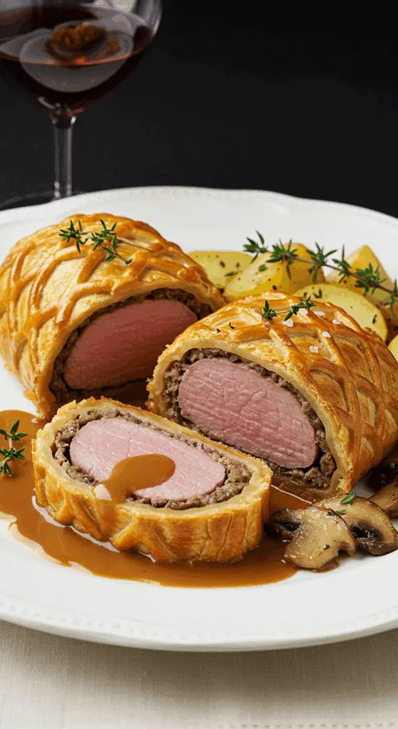 Filet mignon croûte grillagée servi assiette sauce vin champignons viande rosée