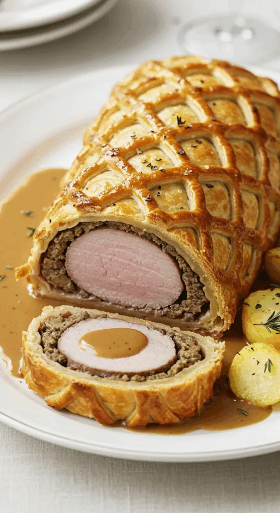 Filet mignon porc croûte grillagée pâte feuilletée dorée viande tendre rosée