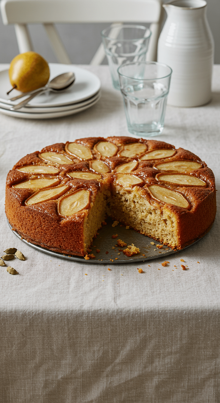 Gâteau fondant aux poires et à la cardamome ultra-moelleux avec poires caramélisées