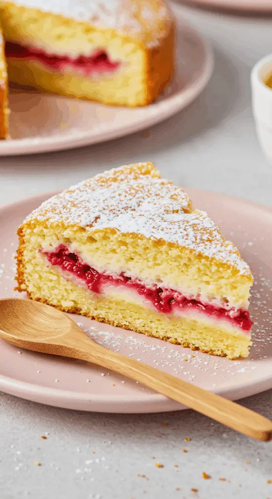 Gâteau magique citron framboises tranche trois couches distinctes flan crème génoise