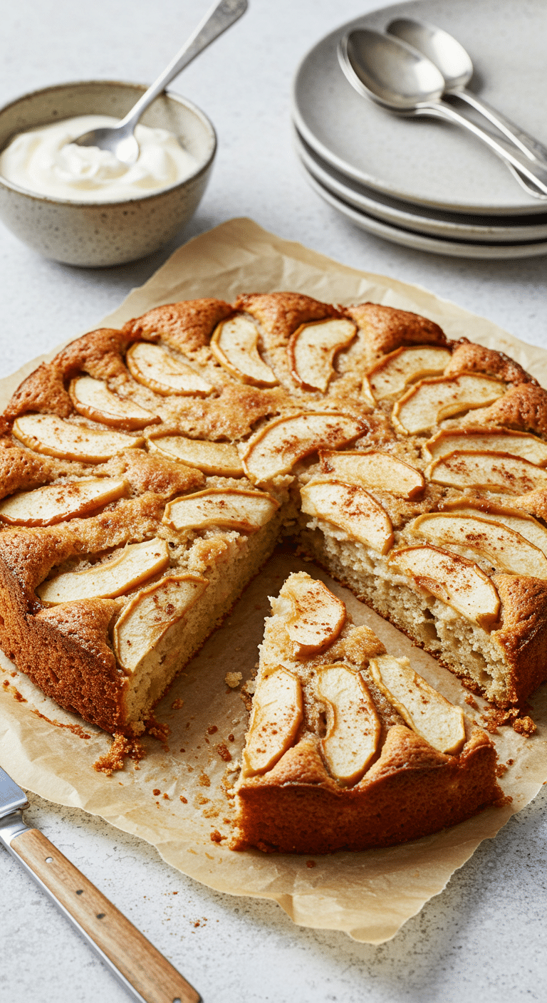 Gâteau aux pommes, épices et crème fraîche moelleux avec pommes caramélisées