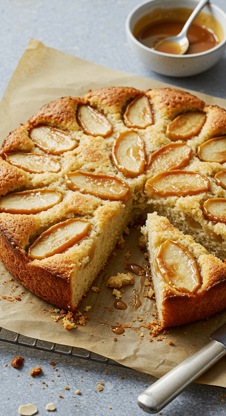 Gâteau aux pommes, ricotta et amandes moelleux avec pommes caramélisées spiralées