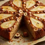 Gâteau renversé poires miel noisettes avec poires caramélisées brillantes disposées en rosace