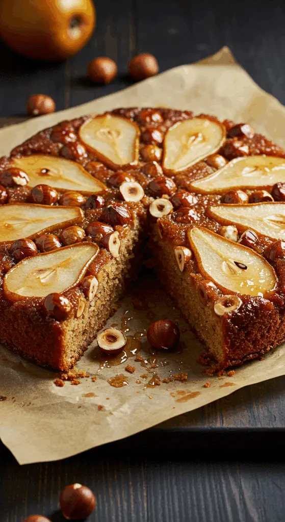 Gâteau renversé poires miel noisettes avec poires caramélisées brillantes disposées en rosace