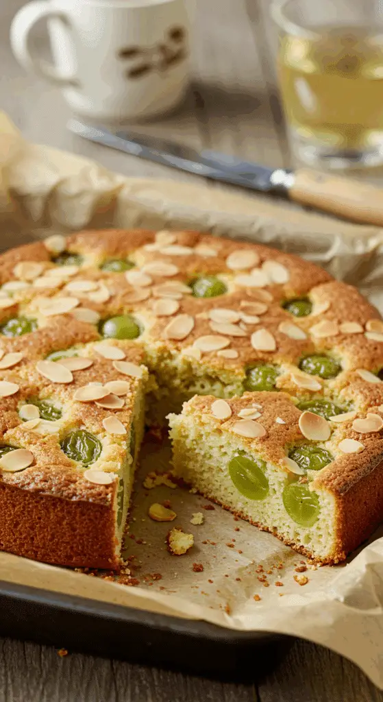 Gâteau tiède raisin-amandes moelleux doré avec amandes effilées grillées en surface