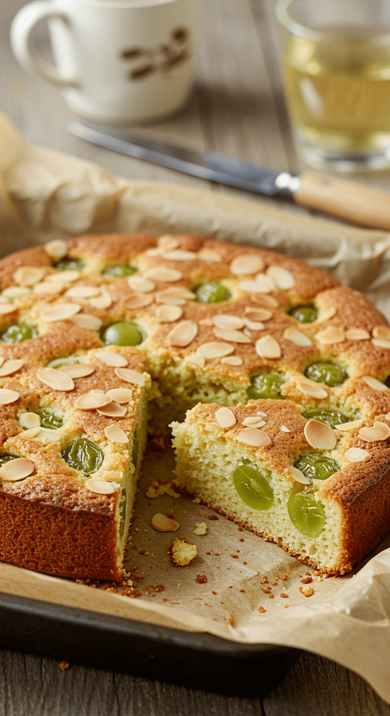 Gâteau tiède raisin-amandes moelleux doré avec amandes effilées grillées en surface