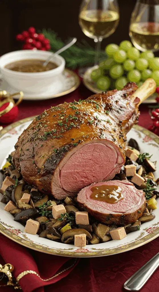 Gigot d'agneau de Noël aux cèpes et foie gras doré spectaculaire