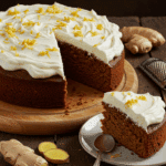 Ginger cake moelleux avec glaçage Philadelphia tranché sur table bois