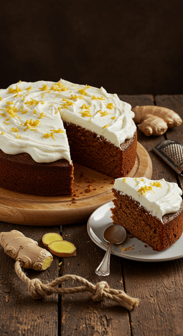 Ginger cake moelleux avec glaçage Philadelphia tranché sur table bois