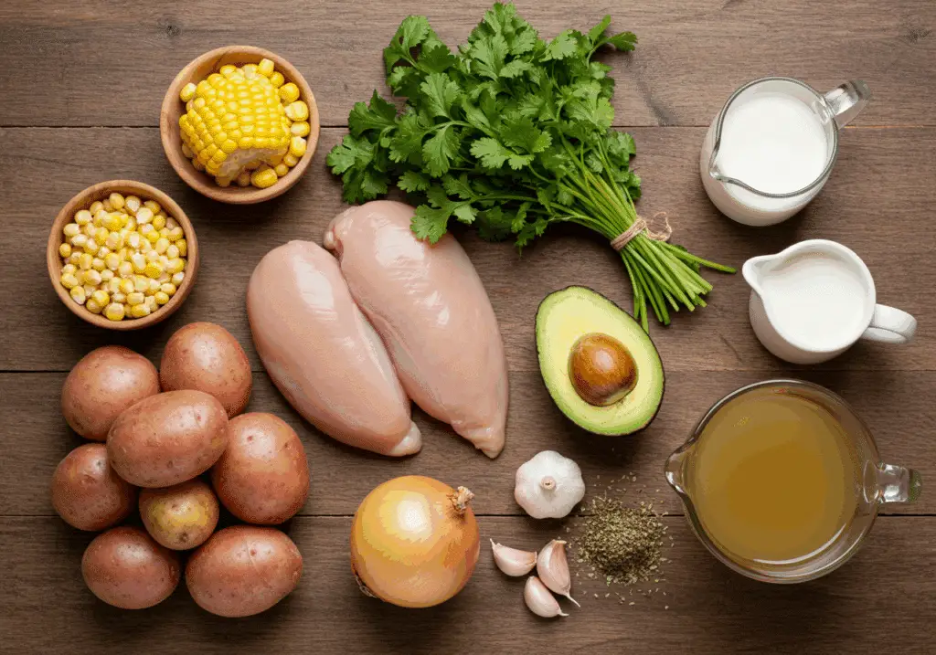 Ingrédients frais pour ajiaco colombien disposés avec poulet pommes de terre maïs et coriandre