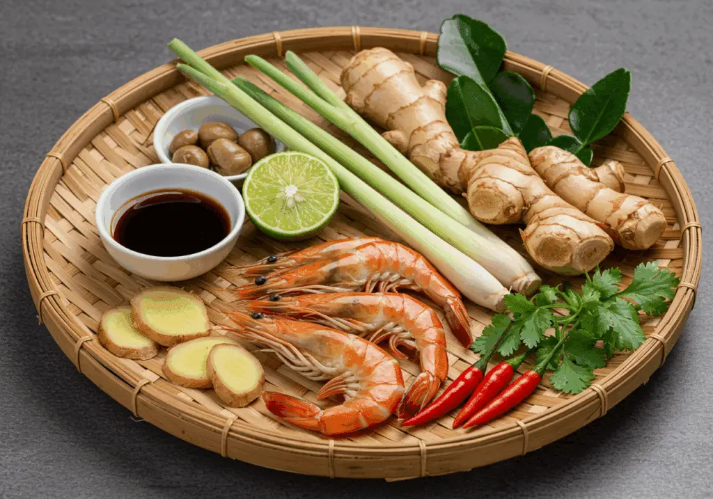 Ingrédients authentiques tom yum soupe thaï crevettes frais