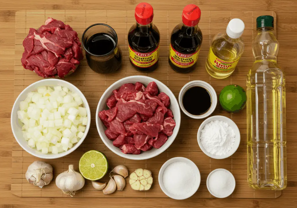 Ingrédients boeuf oignons sauce soja nuoc-mâm maïzena disposés bambou asiatique