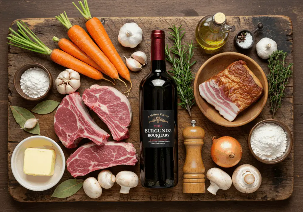 Ingrédients bourguignon agneau vin rouge collier légumes herbes lardons champignons