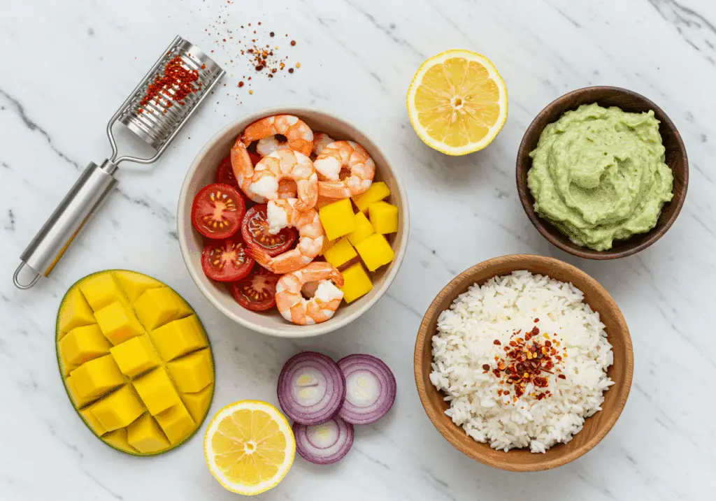 Ingrédients bowl énergie crevettes mangue avocat riz disposés marbre blanc