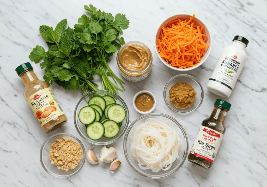 Ingrédients bowl crevettes satay nouilles riz beurre cacahuètes légumes herbes