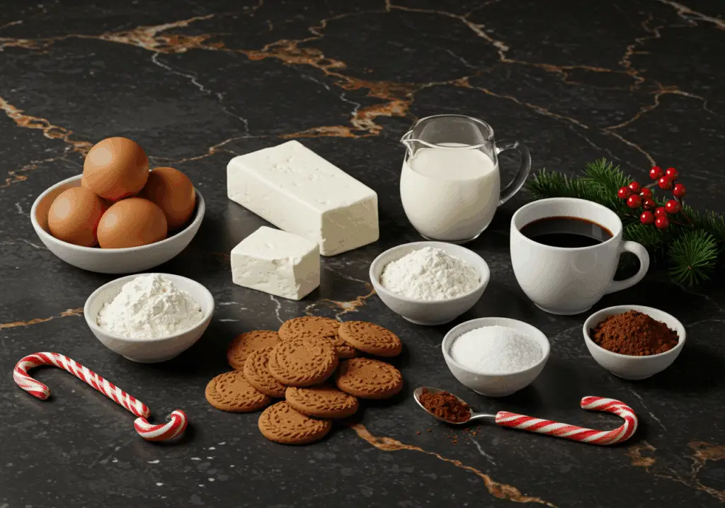 Ingrédients frais pour bûche Tiramisu Spéculoos disposés style pâtisserie